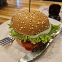 Drenched in sauces to hide the flavourless soy burger at Jai Jagannath in Ao Nang