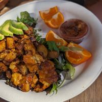 Breakfast plate with vegan egg, sausage and smoked cheddar. Amazing at Blondies Vegan Proteins + Cafe Hawaii in Honolulu
