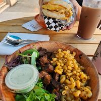 Breakfast sandwich, mac n cheese plate (half size) and  vegan Nutella coffee    at Blondies Vegan Proteins + Cafe Hawaii in Honolulu
