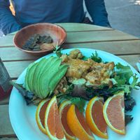 Scramble plate with sausage to the side. at Blondies Vegan Proteins + Cafe Hawaii in Honolulu