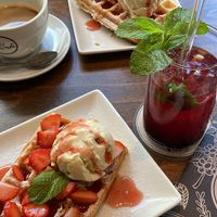 Vegan waffles with vegan vanilla ice cream and vegan whipped cream. Very fluffy and delicious, not too sweet either!  at Stadtcafe Kassel in Kassel