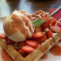 Vegan waffle with vegan vanilla ice cream. Very fluffy and delicious, not too sweet either!  at Stadtcafe Kassel in Kassel