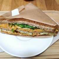 Sandwich "triangle" with chickpea-based rillette and veggies. at Chez Albert in La Rochelle