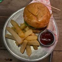 Vegetarian (possibly vegan) Lentil burger with fries at Andrés Carne de Res in Cundinamarca
