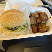 Vegan big mac-ish burger served with roasted potato side  at Janelle's Vegan Kitchen in Amherst