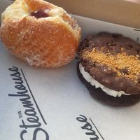 Vegan biscoff Cookie sandwich and non vegan blueberry jam doughnut at The Steamhouse in Redditch