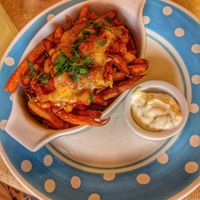 Loaded Chilli "Cheese" Sweet Potato Fries at Toucan Cafe in Minehead