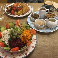 The toucan works vegan breakfast and the large salad   at Toucan Cafe in Minehead