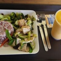 rice with three  vegetarian courses and a mango banana smoothie at BKK - Veg Stall Food Court - T21 in Bangkok