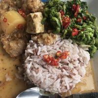 Massaman curry, greens, rice, 32 baht.  at BKK - Veg Stall Food Court - T21 in Bangkok