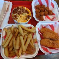 mac and cheese, fries, popcorn chicken, and tenders at Hank's Dirty Norwich in Norwich