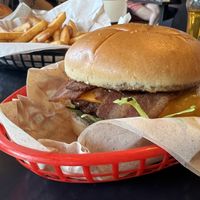 Rodeo Burger with fries    at Hank's Dirty Norwich in Norwich