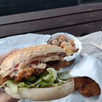 Bacon chicken burger, frickles and tots at VeBurger in Bristol