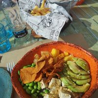 My bowl: integral rice, tofu, edamame, sweet potato, pineapple, mango, avocado (extra) + sesame sauce at Bom Bao Gastro Bar in Gran Canaria