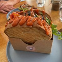 Vegan egg drop sandwich and  at FOUR Specialty Coffee & Bistro in Valencia