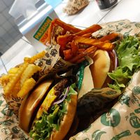 Texas burger and no Chicken burger with normal & sweet potato fries at Bastard Burgers in Helsinki