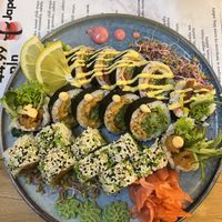 Mix of californian plant prawn, futomaki plant prawn and futomaki plnt chicken. Beautifully served and DELICIOUS.  at VegeSushi - Postepu in Warsaw