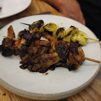 Oyster mushroom and leek skewers at Bubala - Soho in London