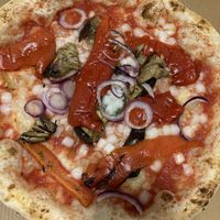 The veggie pizza with vegan cheese  at Pizzeria La Gaby in Buxton