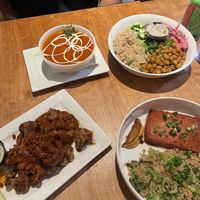 Tomato soup, cauliflower wings, tofu salmon, chickpea and tahini quinoa bowl   at Veg Head in Lansing