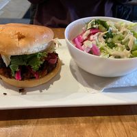 Sweet potato burger with side salad  at Veg Head in Lansing