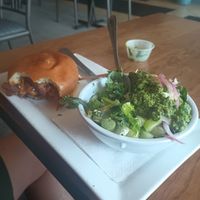 Mushroom burger with side salad and pesto dressing at Veg Head in Lansing