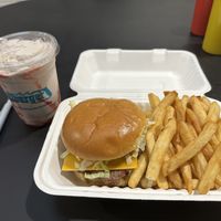 Kali burger with impossible meat and vegan cheese with a vegan strawberry milkshake  at Kaliburger in St Augustine