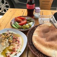 Humus and vegetables at Abu Ashraf Restaurant in Nazareth