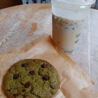Iced black sesame cream latte (I'd already drunk it down quite a bit lol) and matcha cookie (it was SO GOOD) at Cafe Vegu in Lewes