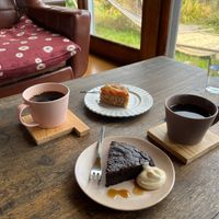 Table by the window, vegan sweets and coffee at kirkas kevat - キルカスケバト in Odate