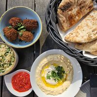 Tabouleh, falafel, chilli, humus tehina, laffa bread at Die Kurve in Dusseldorf