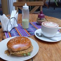 Quinoa burger and hot chocolate at Caffeccio Express in Sucre