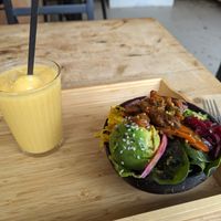 Vegan smoked salmon poke bowl and ginger zinger juice at NUDE - Natural Food Canteen in Falmouth
