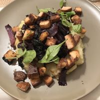 Drei Gänge Menü Teil 2 Gebratener Tofu auf Rotkohl/ Kartoffelbrei  at Bio-Berggasthof - Beckenbergbaude in Kottmar