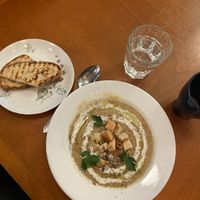 Soup of the day (creamy parsnip) with garlic bread   at Kafe 44 in Stockholm