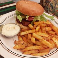 Chickpea birher with fries and dip. at Kafe 44 in Stockholm