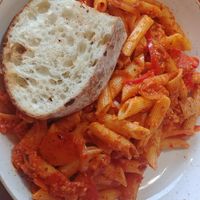 Pasta with vegan chicken at The Drift Inn in Yachats