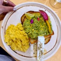 This is the avo toast with vegan hauloumi and scrambled tofu at Gellibrand Cafe in Reservoir