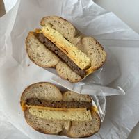 Sausage egg and cheese bagel sandwichh  at Ben & Esther's Vegan Jewish Deli in Seattle