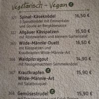 Karte mit 2 veganen Gerichten, allerdings keine Kennzeichnung bei Tagesgerichten und Dessert at Zum Wilde Männle in Oberstdorf