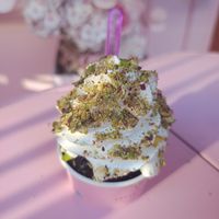 Dark choc ice cream, plant based cream and pistachio at Dream Cream in Rhodes