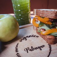 Sandwich with green juice   at Palenque Orgánico in Palenque