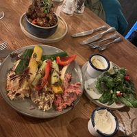 Cauliflower popcorn, whipped houmous, padron peppers and they brought us vegan mayo.  at Jetty Broadstairs in Broadstairs