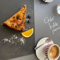 Vegan apple strudel and coffee with soya milk  at Re.sen in Mallorca