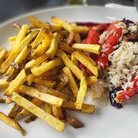 Stuffed peppers with homemade fries at Três Arcos in Sao Miguel