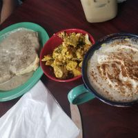 Tofu scrabble side with biscuits and gravy. Plus a pumpkin spice latte at Soulshine Vegan Cafe in Indianapolis