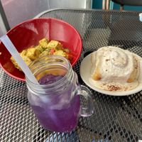 Tofu scramble, cinnamon roll and galaxy lemonadee  at Soulshine Vegan Cafe in Indianapolis