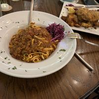 Vegan bolognese and vegan schnitzel  at Alps Village in Palm Desert