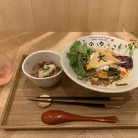 Gekka ramen, brown rice, and rose plum wine on the rocks   at Uno Yukiko - Gion Soy Milk Ramen - ぎをん豆乳らーめん うのゆきこ in Kyoto