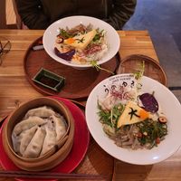 DanDan Noodle “Tsuki Hana,” along with steamed gyozas. at Uno Yukiko - Gion Soy Milk Ramen - ぎをん豆乳らーめん うのゆきこ in Kyoto